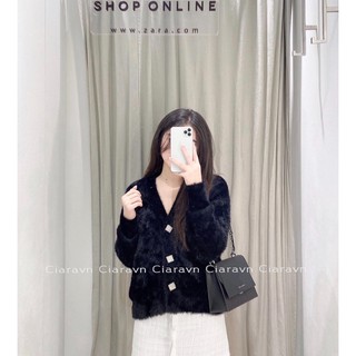 Cardigan lông thỏ cúc đá (đen/trắng)