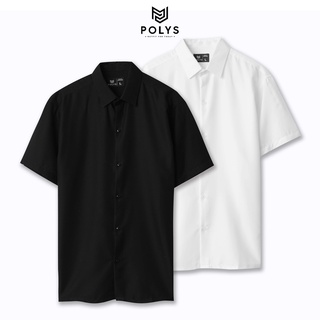 Áo Sơ Mi Nam Tay Ngắn Trắng Đen BASIC - POLYS | Form Suông, Kaki Cotton, Vải Mịn, Ít Nhăn, Co Giãn, Không Gò Bó Hầm Bí