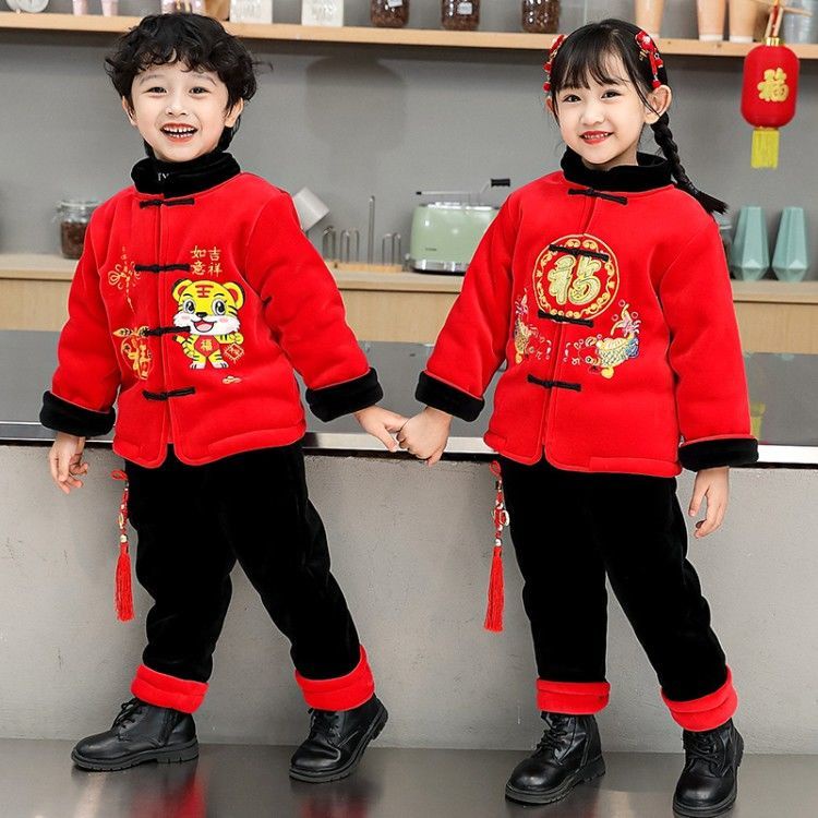 Bộ Quần Áo Nhung Phối Lông Cừu Phong Cách Trung Hoa Mừng Năm Mới Cho Bé 3-7 Tuổi 5 Tuổi