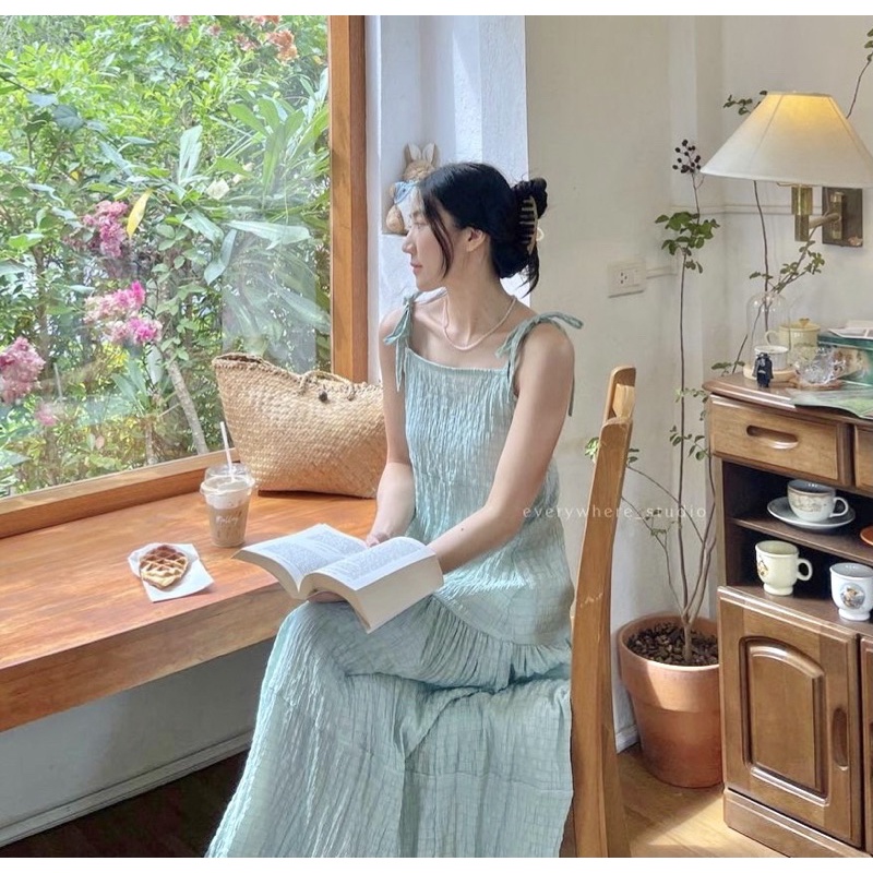 Váy đầm maxi dáng dài 2 dây chất xốp không nhăn vintage trơn pastel nàng thơ nhẹ nhàng nữ tính dễ thương