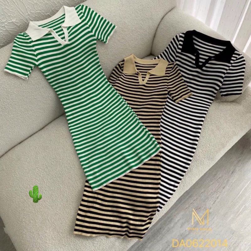 🎀 Đầm polo body sọc ngang dáng ngắn cổ V, chất Thun Gân dày đep, có độ co giãn tốt