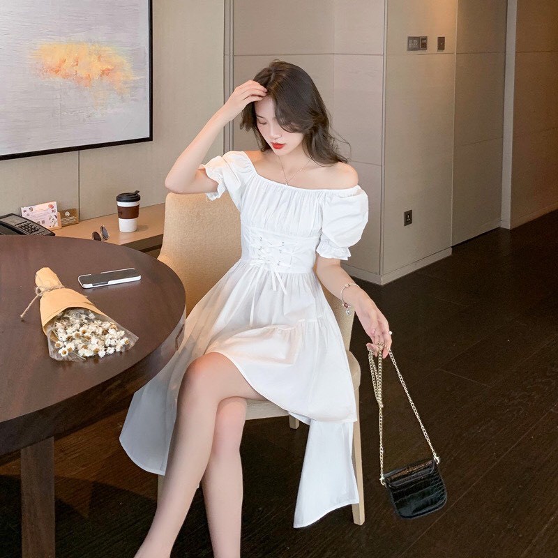 Váy Nữ Dáng Xòe Xẻ Chân Thắt Nơ Eo Tiểu Thư, Đầm Dài Dáng Xòecổ Vuông Tay Bồng Đen Trắng Bánh Bèo Nữ Tính