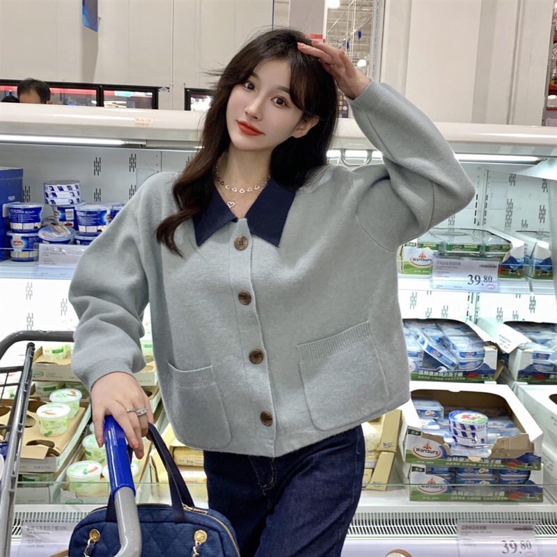 ÁO LEN CARDIGAN CROPTOP CỔ POLO MÀU XANH CÓ BIGSIZE