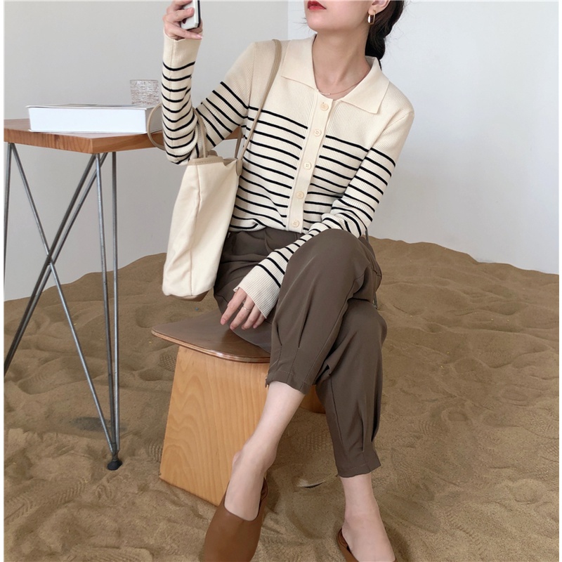 Áo sweater nữ cổ polo dáng ôm họa tiết kẻ sọc dễ phối đồ phong cách Hàn Quốc thời trang