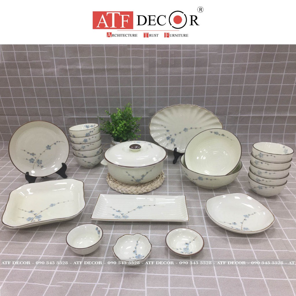 Bộ bát đĩa sứ Bát Tràng cao cấp, sang trọng men kem vẽ hoa Đào xanh - ATF Decor