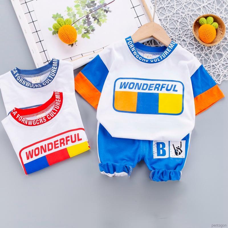 Set Áo Thun Ngắn Tay Cổ Tròn + Quần Short Lưng Thun Thời Trang Bé Trai