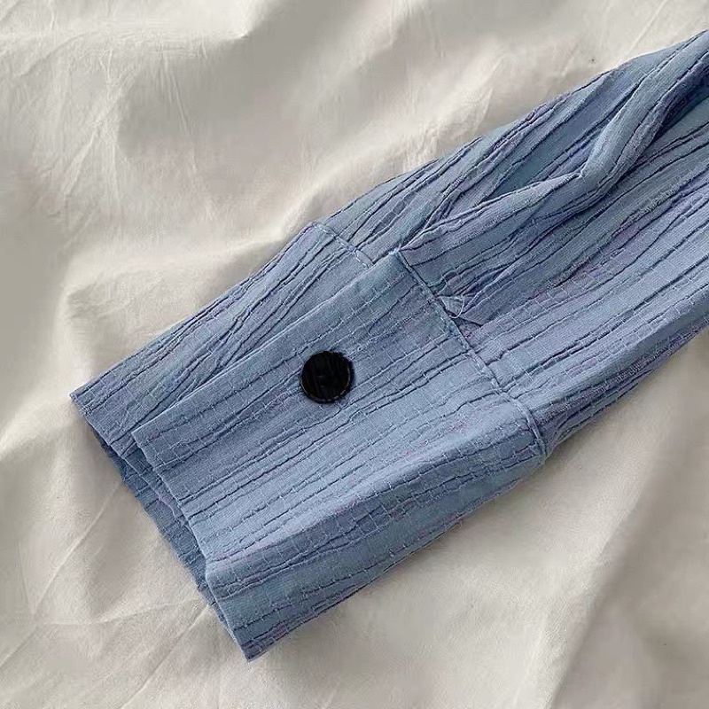 Áo Sơ Mi Rayon Tay Dài Xanh Sọc Gân Tím Minipie
