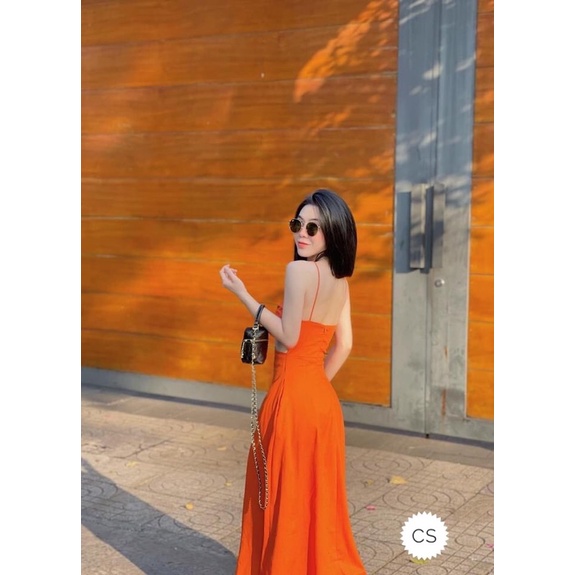 Đầm dây dáng dài cut eo hồng trendy