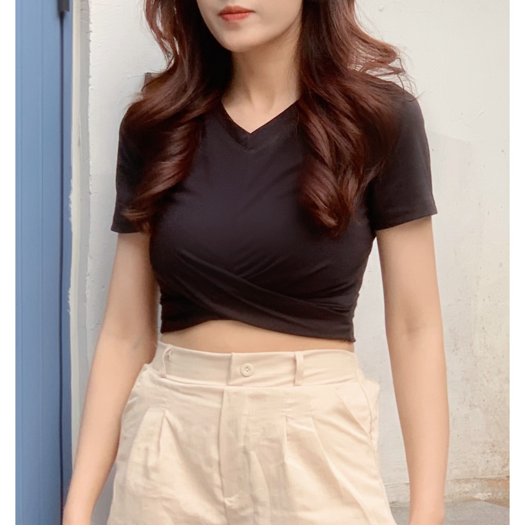 Áo croptop nữ OKIMAC cổ tim chữ v tay ngắn kiểu ôm body xoắn eo thun cotton phong cách ulzzang thời trang nữ