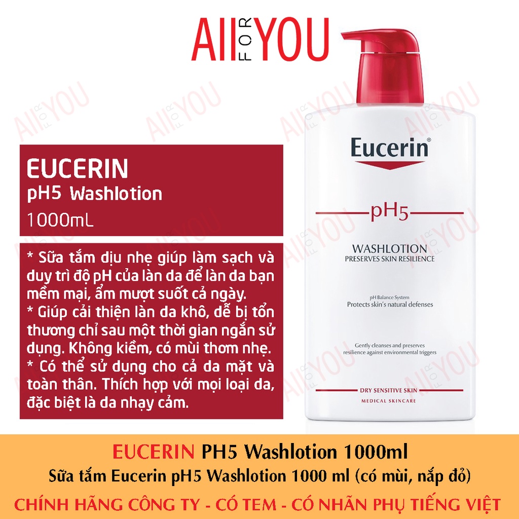 [CHÍNH HÃNG CÓ TEM] [Date 2024] Eucerin pH5 Washlotion 1000 mL -  Sữa Tắm Cho Da Nhạy Cảm (có mùi, nắp đỏ).