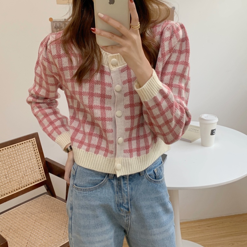 Áo khoác cardigan dệt kim tay dài họa tiết sọc caro phong cách Hàn Quốc thanh lịch