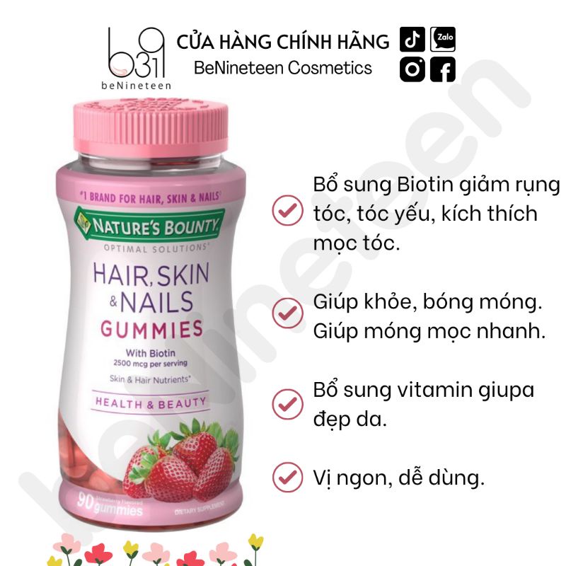 Kẹo Dẻo Nature's Bounty Hair, Skin & Nails Gummies Làm Đẹp Da, Tóc [BeNineteen Cosmetics]