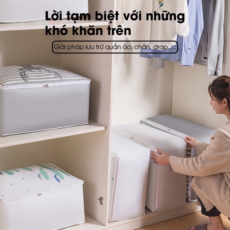 Túi đựng quần áo chăn ga màn mền gối gấu bông cỡ lớn 75L kích thước 60x45x28 khóa kéo kim loại TINZ|Mã TCDS
