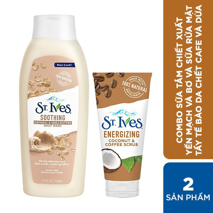 Combo Sữa tắm St.Ives Chiết Xuất Yến Mạch và Bơ 709ml và Sữa rửa mặt tẩy tế bào chết St.Ives Cafe và Dừa 170g