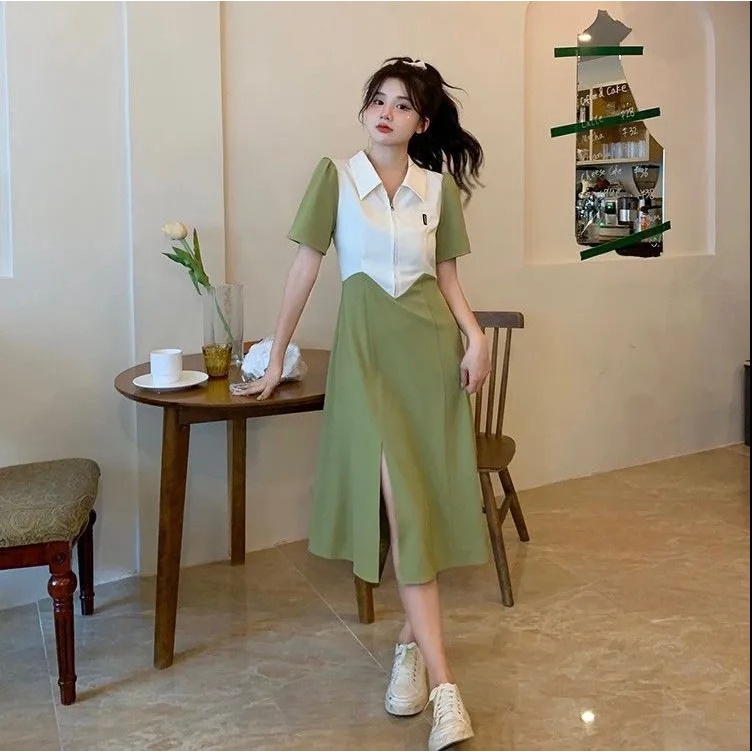 Váy polo dáng xòe khóa ngực bo eo phối màu vintage cực xinh ảnh thật