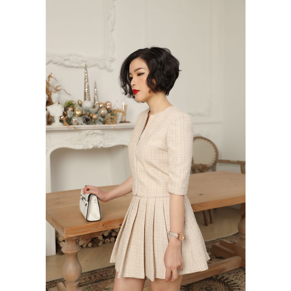 Áo vest cổ tròn CLARA MARE chất liệu vải Dạ Tweed pha sợi kim tuyến Hàn Quốc VES3004