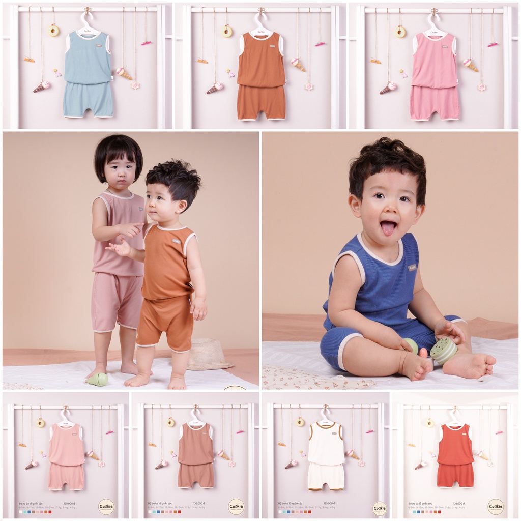 Bộ áo ba lỗ quần cộc viền cổ họa tiết trẻ em Cookie