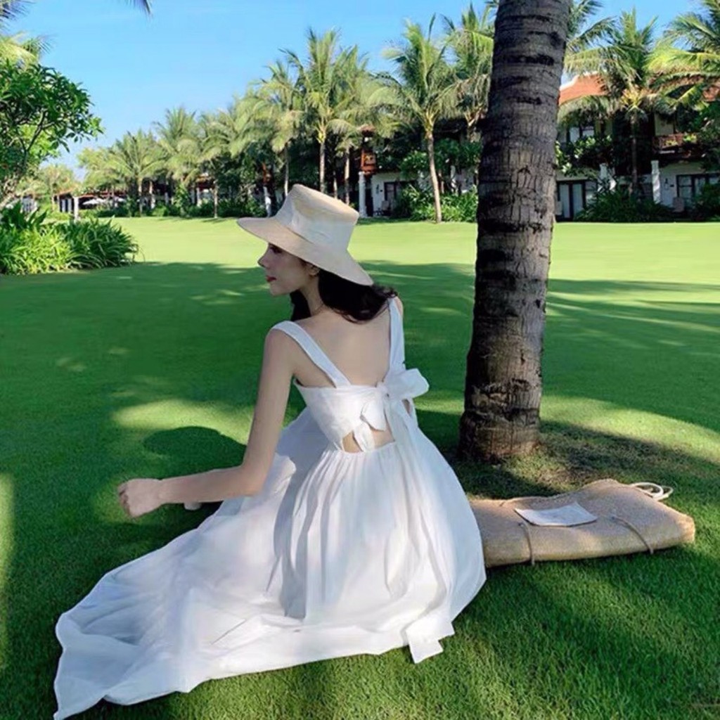[ẢNH THẬT] Váy, Đầm Maxi Trắng Hai Đây Đuôi Cá Thắt Nơ Lưng  Váy 2s Dáng Suông Hơi Ôm Body Style Bánh Bèo Tiểu Thư