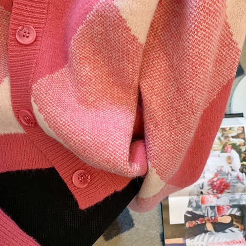 Áo Khoác Cardigan Dệt Kim Tay Dài Dáng Ngắn Hoạ Tiết Hình Thoi Màu Hồng  tao bao