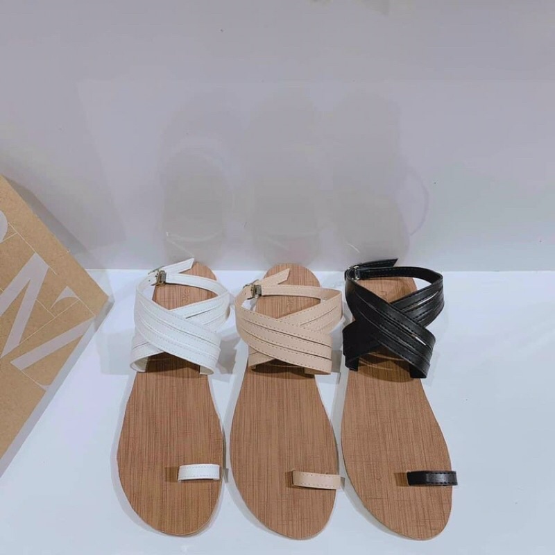 [Deal giá gốc] Dép sandal xỏ ngón da lì đắp chéo đế bệt vân gỗ siêu hot