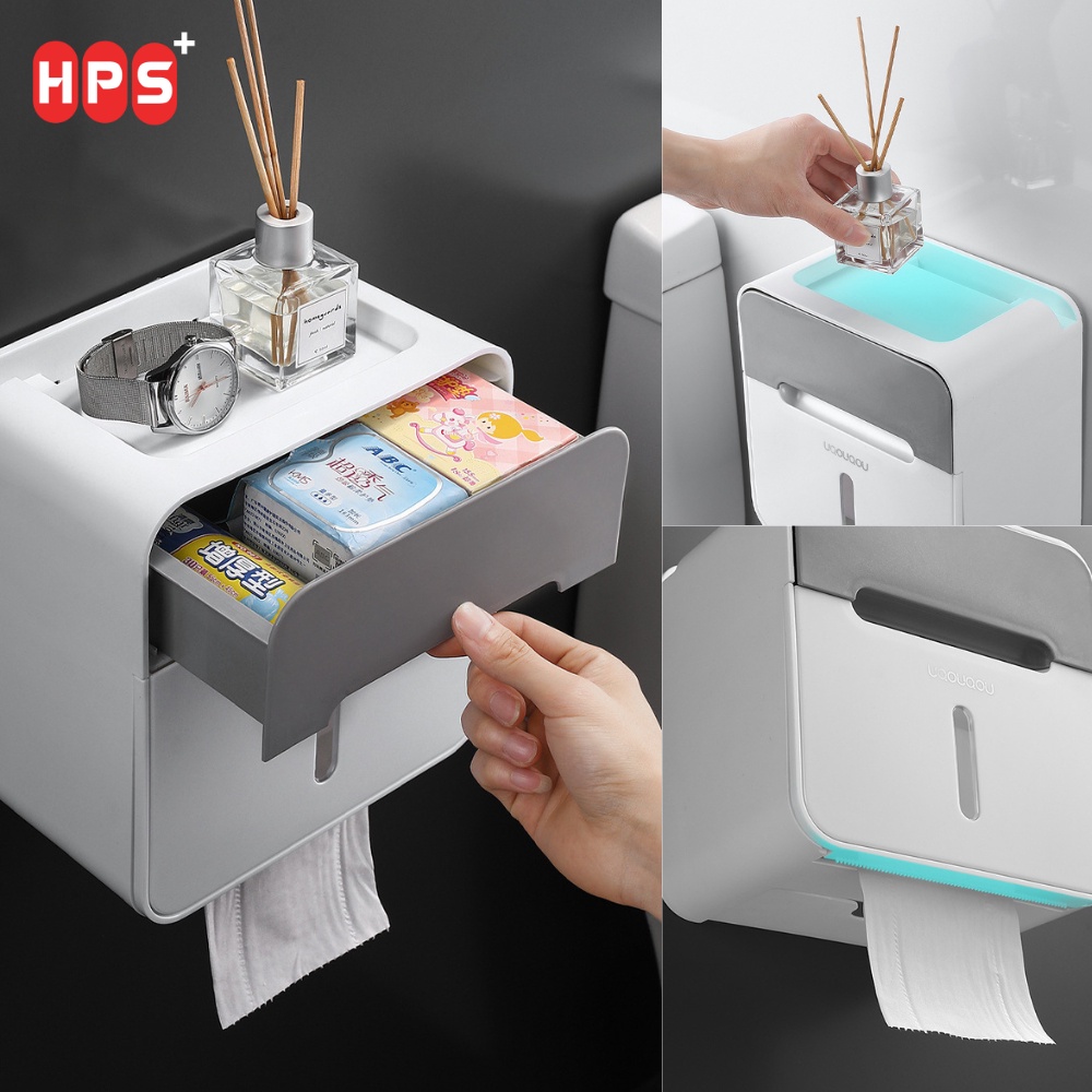 Hộp đựng giấy vệ sinh gắn tường có ngăn chứa đồ, Kệ để đồ nhà tắm 2 ngăn tiện lợi tặng kèm miếng dán siêu dính
