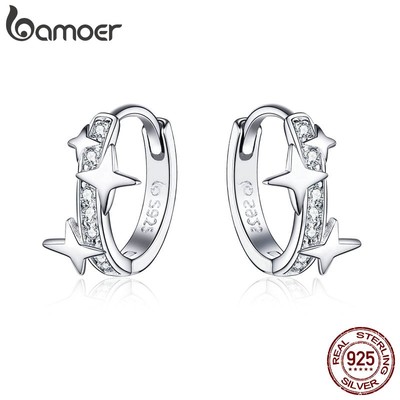BAMOER Bông Tai bạc 925 Hình Tròn Họa Tiết Vũ Trụ Thời Trang Cho Nữ