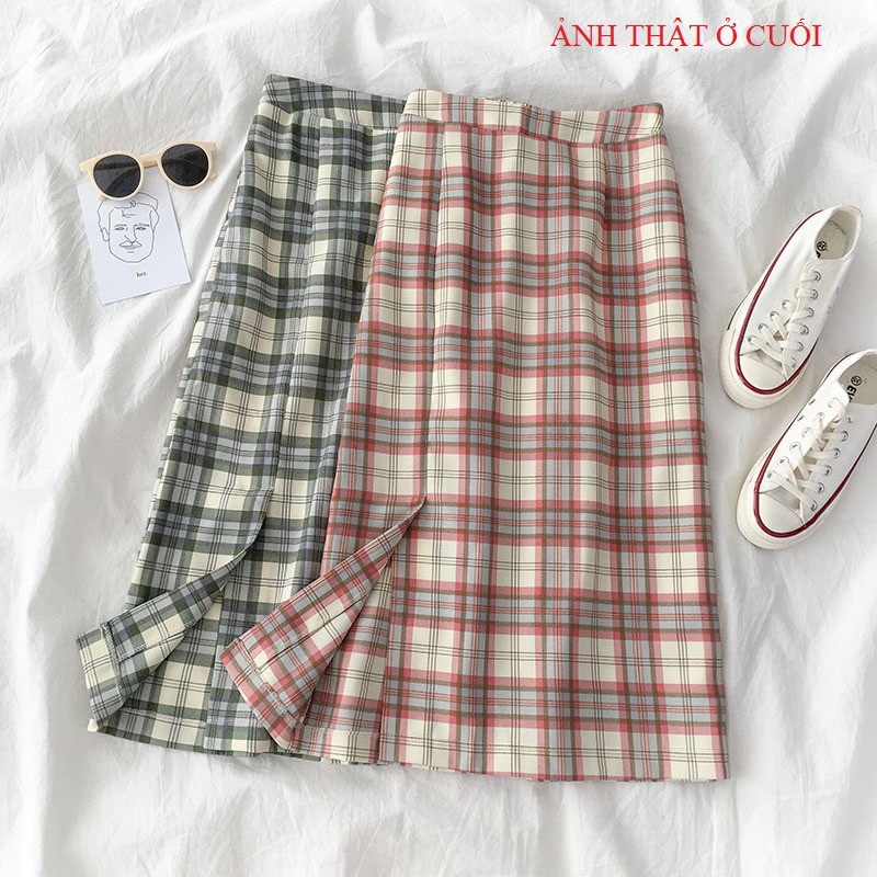 (Có Sẵn) Chân váy dài midi kẻ caro - Eo cao có chun (video tự quay)