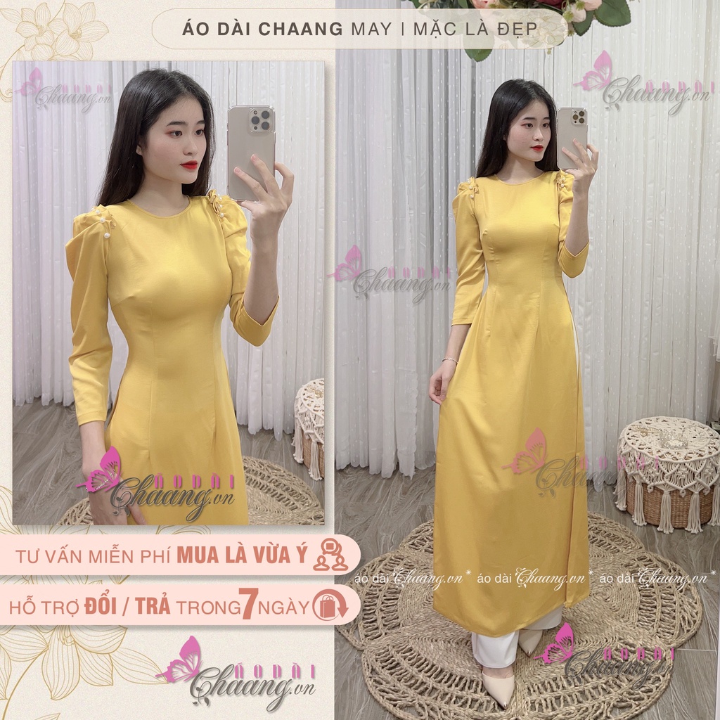 Áo Dài Cách Tân Nữ Tay Xếp Bồng Phồng Đính Ngọc May Sẵn Lụa Tây Thi 2 Tà Truyền Thống