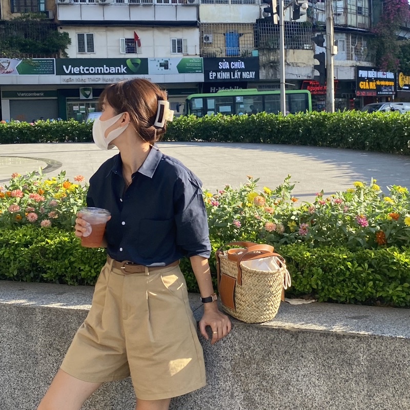 Áo Sơ Mi Dài Tay Chất Liệu Cotton Màu Xanh Tím Than Navy dành cho Nữ Heebyohi