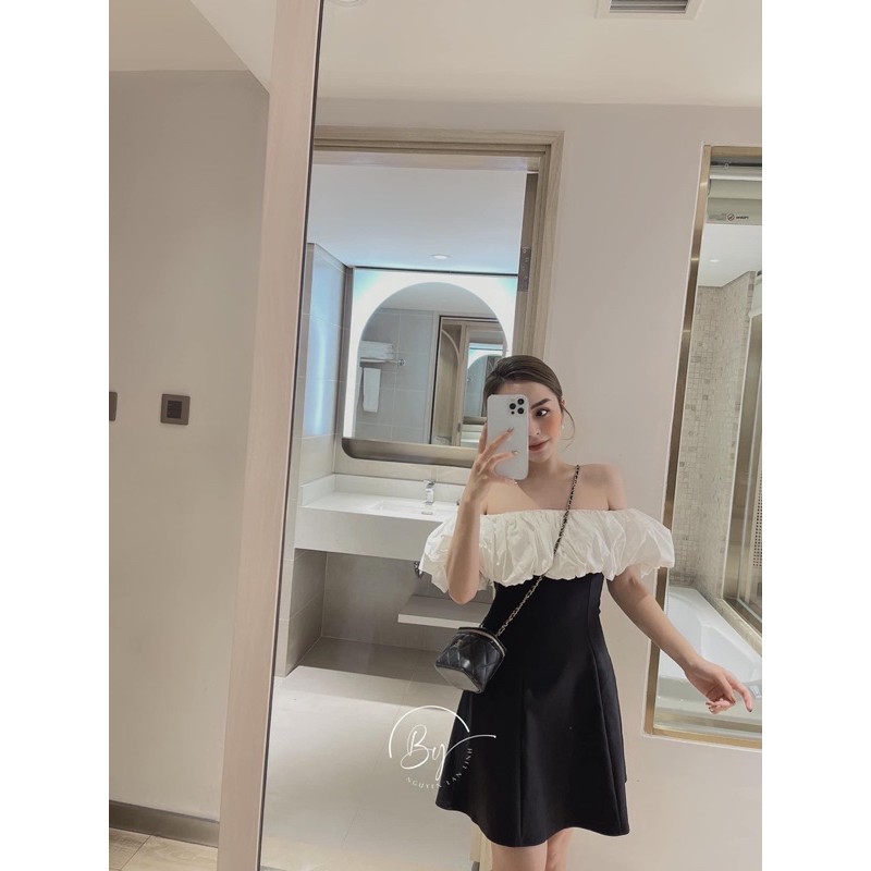 [Siêu Hot] [222] Váy Nữ Trễ Vai Bèo Trắng , Đầm Nữ Bẹt Vai Đen Phối Trắng Dáng Xoè Siêu Xinh Có Ảnh Thật Kèm Video