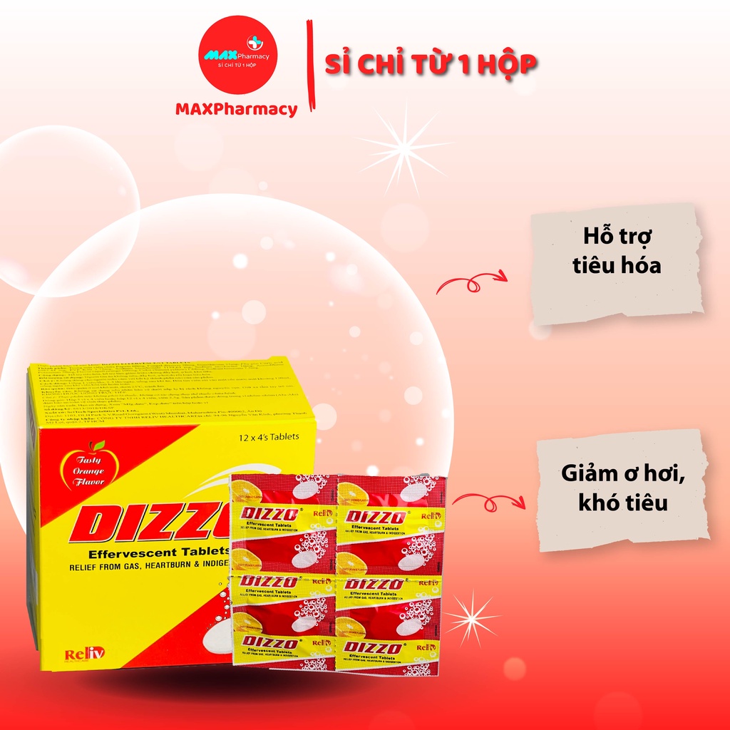 HỘP 48 Viên Sủi Làm Hỗ trợ tiêu hoá Giảm đầy hơi, khó tiêu DIZZO Effervescent Vị Cam - Maxpharmacy