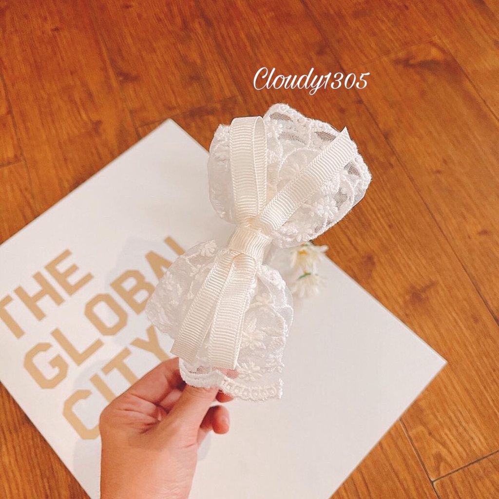 Cài tóc/Bờm tóc nơ, ren lưới họa tiết hoa, nơ thắt ruy băng