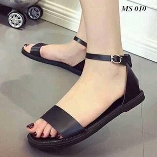 Giày sandal đế bệt quai ngang phối màu da mềm