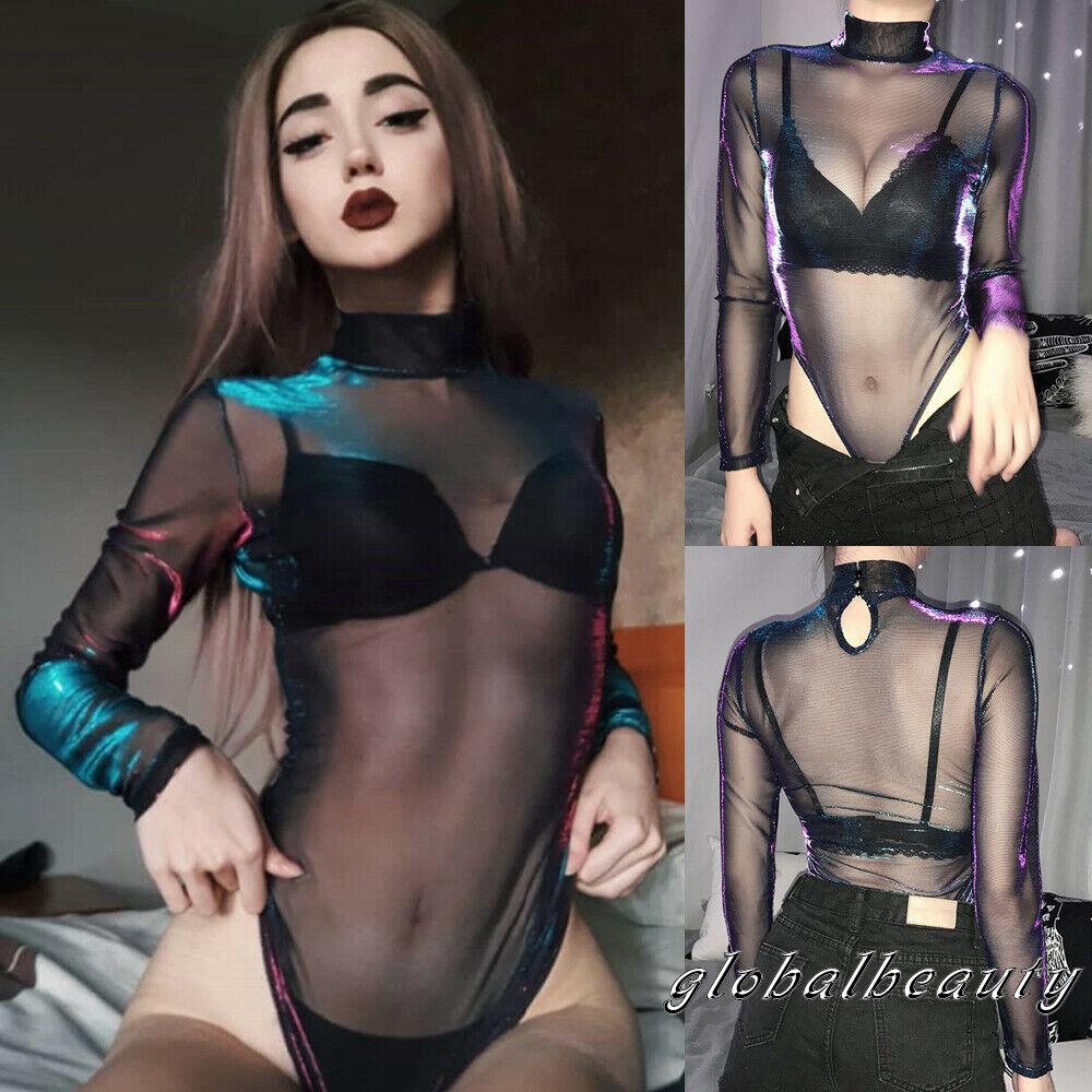 Bodysuit dài tay phối lưới xuyên thấu phong cách quyến rũ dành cho nữ