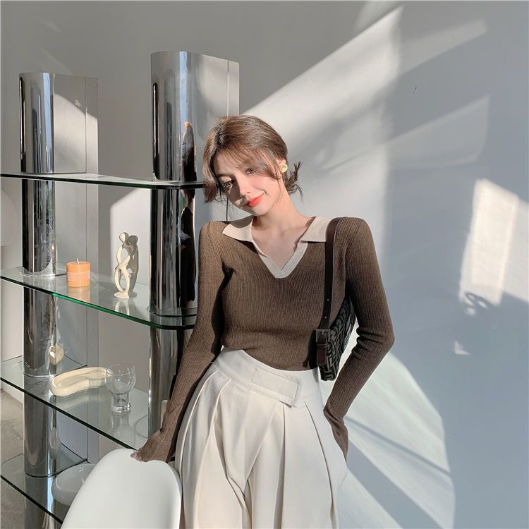 Áo Sweater Dệt Kim Tay Dài Cổ Polo Thiết Kế Xinh Xắn Cho Nữ