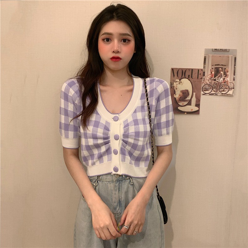 Áo Cardigan ZHELIHANGFEI Dệt Kim Ngắn Tay Cổ Chữ V Thời Trang