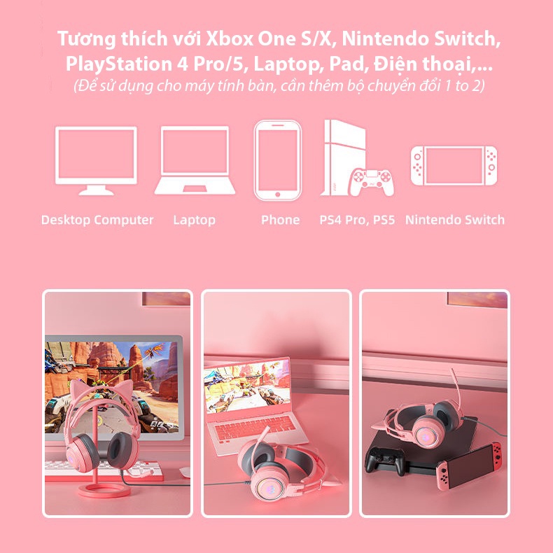 Tai nghe gaming chụp tai có mic kiểu dáng tai mèo