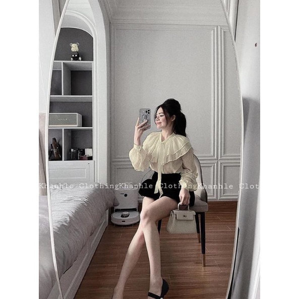 Set đồ nữ đẹp.Áo sơ mi tơ bèo tiểu thư 2 lớp phối quần sooc bồng 2 lớp dễ thương.Bộ nữ dễ thương giá rẻ.