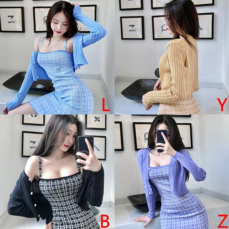 Áo croptop dệt kim thiết kế tay dài cổ chữ V kiểu thời trang hàn quốc