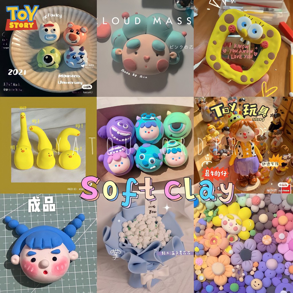 SET 12 MÀU ĐẤT SÉT NHẬT NHẸ TỰ KHÔ an toàn cao cấp SOFT CLAY decor gương, đồng hồ & bộ cây tạo hình