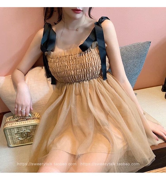 Đầm lưới công chúa 2 dây ruy băng form ngắn che quần đùi | BigBuy360 - bigbuy360.vn