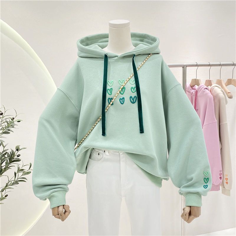 Áo Sweater Phối Nhung Dày Dặn Thêu Họa Tiết Trái Tim Thời Trang Thu Đông