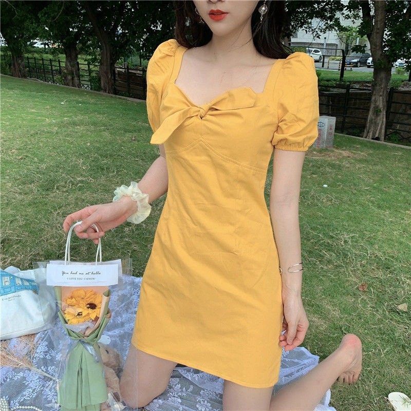 Váy Tiểu Thư Tay Phồng Nơ Cổ Đơn Giản Trend 3 Màu Vàng Xanh Đen ( kèm ảnh thật)
