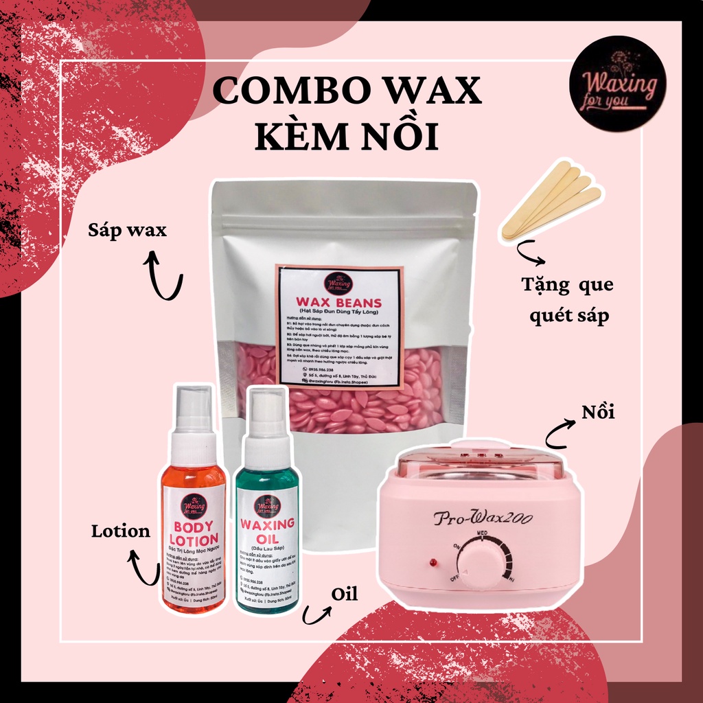 COMBO KÈM NỒI WAX LÔNG NÓNG (hạt sáp/dầu lau sáp/lotion/nồi nấu sáp)❤️Freeship❤️ WAXINGFORU