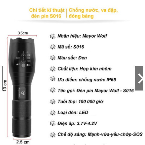 Đèn pin siêu sáng S016 - chính hãng MAYOR WOLF chống nước IP65, sạc siêu bền