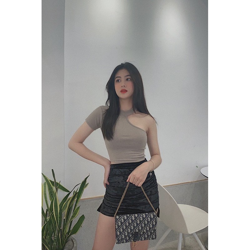 Áo croptop HHVINTAGE tay ngắn cổ rời thun gân co dãn không nhăn