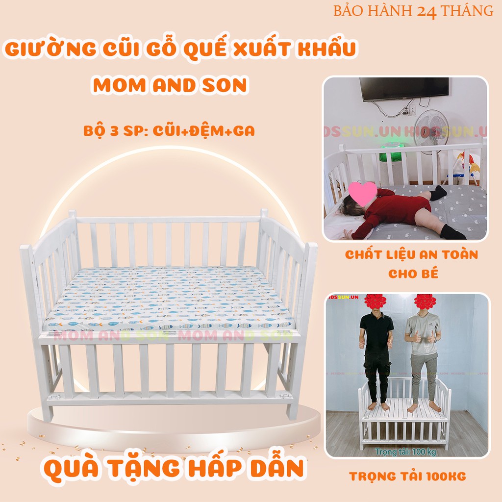 (Bộ 3 SP) Giường Cũi Cho Bé-Chất Liệu Gỗ Quế Xuất Khẩu Màu Trắng -3 Kích Thước - Nhiều Màu Sắc -BH 24 Tháng- MOM AND SON