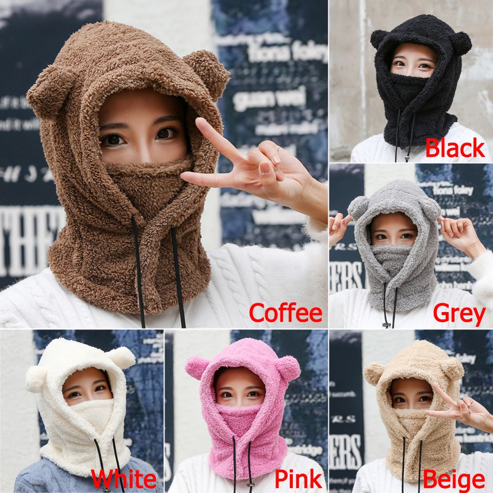 Nón trùm tai có khẩu trang ch kín mặt kiểu tai gấu bằng vải lông nhiều màu thời trang mùa Đông đáng yêu cho nữ