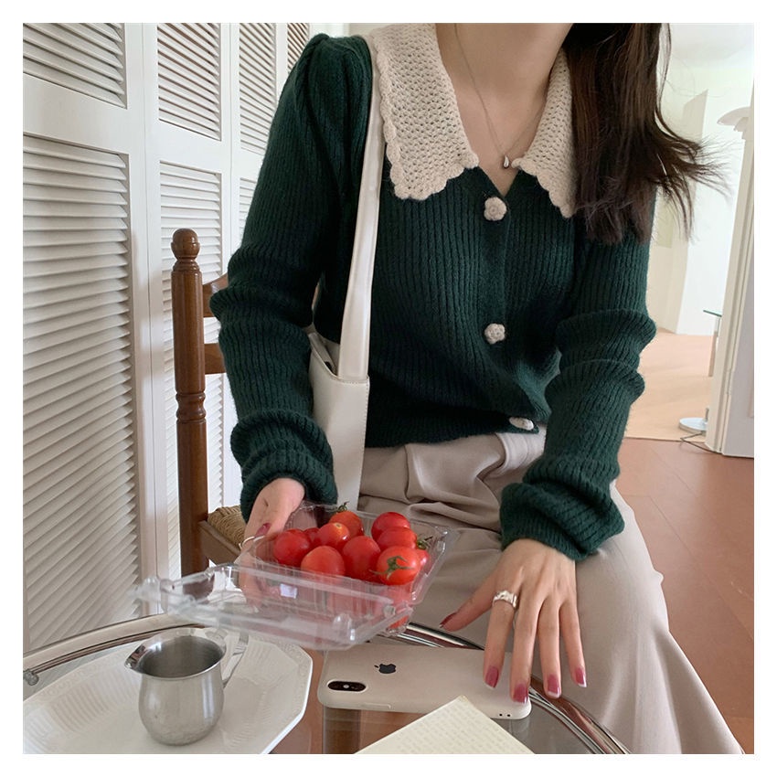 Áo Khoác Cardigan Dệt Kim Cổ Búp Bê Màu Xanh Dương Phong Cách Retro Thời Trang Thu Đông Cho Nữ