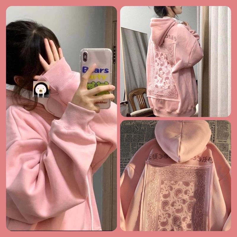 Áo Hoodie nữ Thổ Cẩm Bandana một màu hồng, áo nỉ form rộng tay bồng có mũ phong cách ulzzang